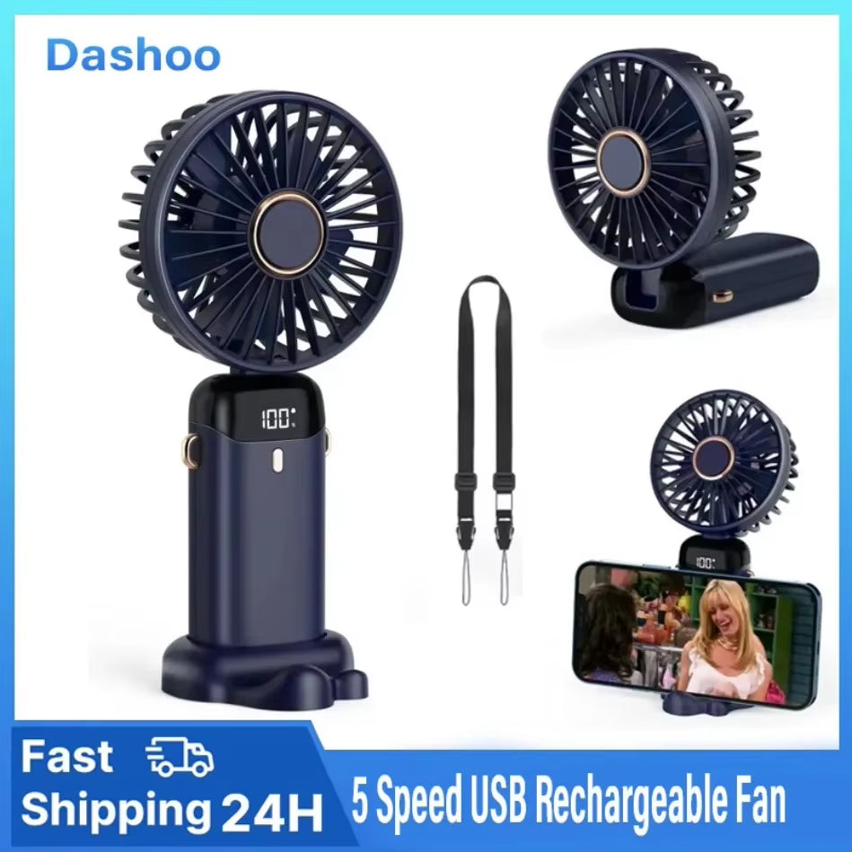 Portable Handheld Mini Fan Foldable Portable Desk Outdoor Neck Hanging 5 Speed USB Rechargeable Fan Phone Stand Display Screen