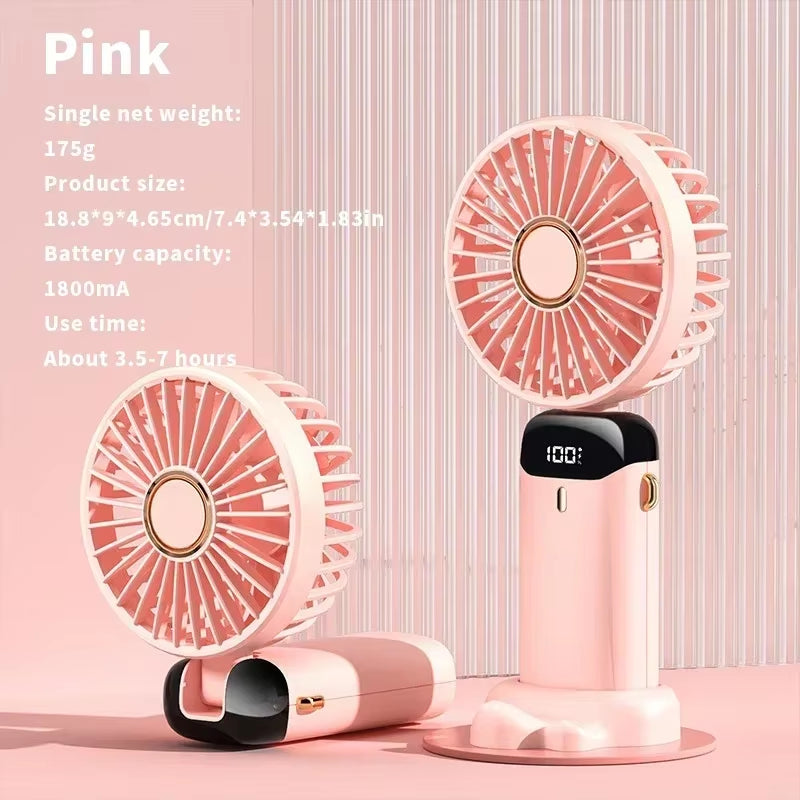Portable Handheld Mini Fan Foldable Portable Desk Outdoor Neck Hanging 5 Speed USB Rechargeable Fan Phone Stand Display Screen