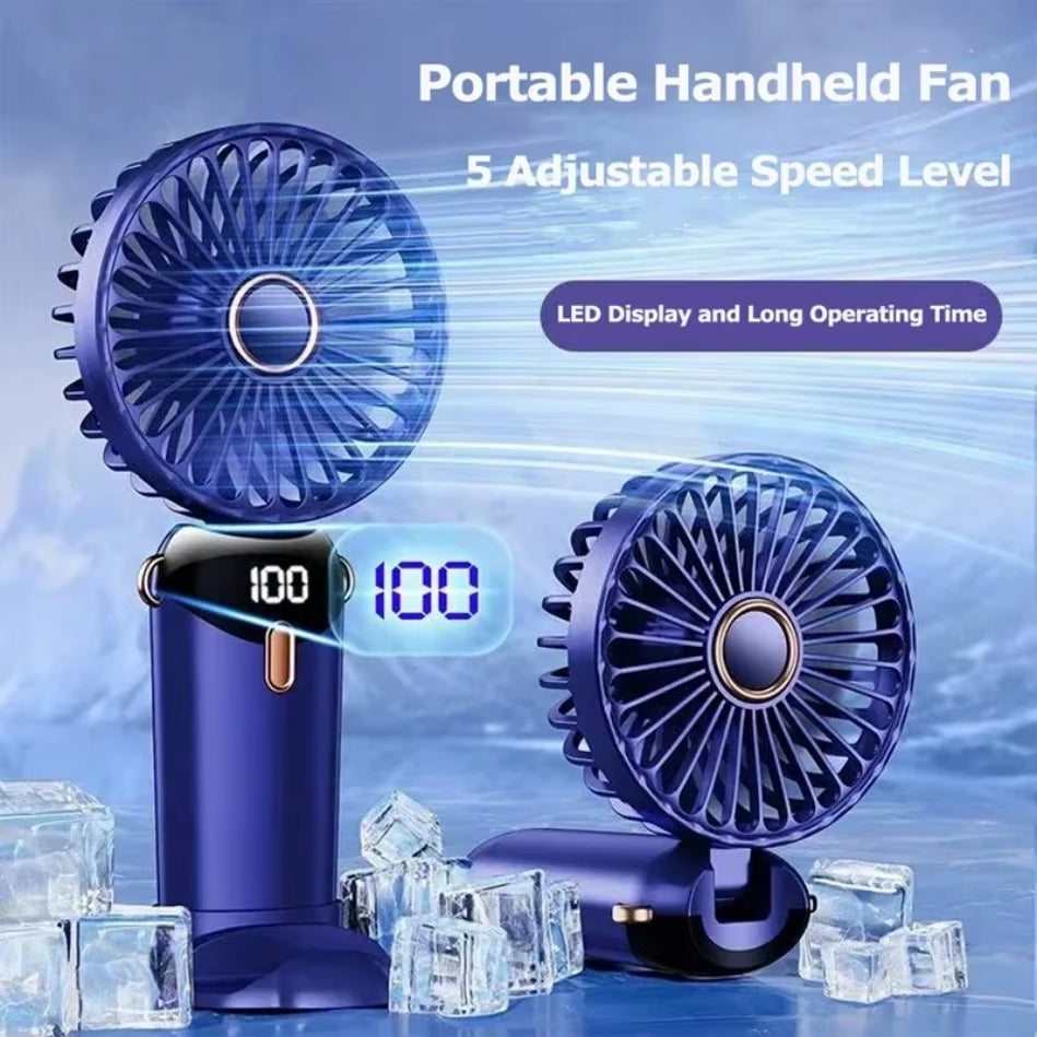 Portable Handheld Mini Fan Foldable Portable Desk Outdoor Neck Hanging 5 Speed USB Rechargeable Fan Phone Stand Display Screen